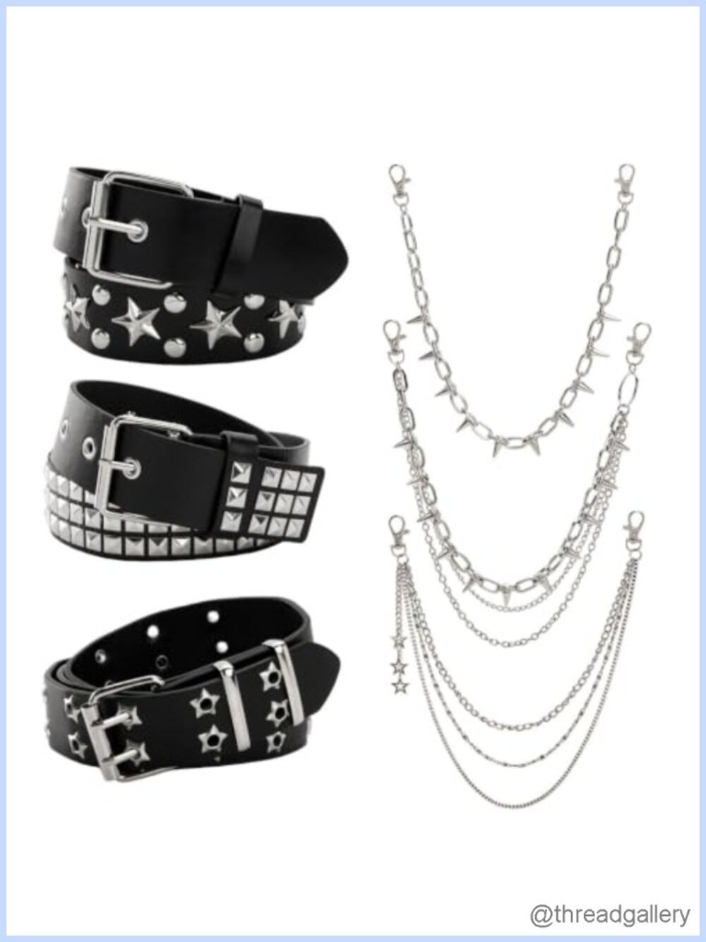6 PC Studded Belt & Chain Set Goth Emo Y2K PU Leather Accessories